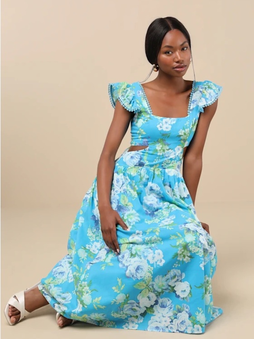 Blue Floral Flutter-Sleeve Maxi Dress